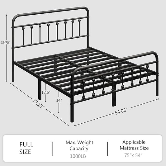 zunatu Full Size Metal Platform Bed Frame/Victorian Style Headboard and Footboard/Steel Slat Support/Easy Assembly/No Box Spring Needed/Underbed Storage/Noise Free/Black