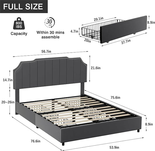 VECELO Full Bed Frame with 4 Storage Drawers & Upholstered Platform &Tufted Adjustable Headboard/Mattress Foundation/Wood Slat Support,Easy Assembly,Dark Grey