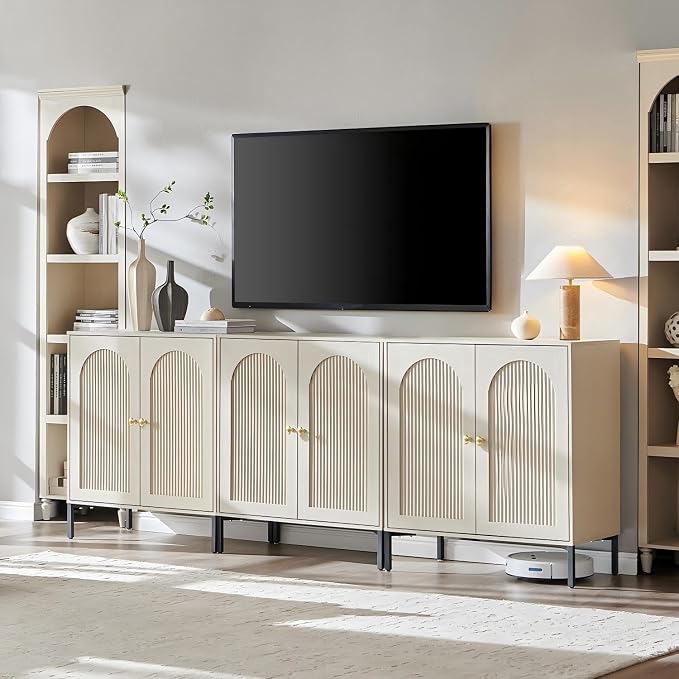 IFGET Modern Buffet Cabinet with Storage, 92.63" W Fluted Arched Sideboard Cabinet w/Adjustable Shelves, Wooden Modular Coffee Bar for Dining Room, Kitchen, Living Room, Entryway, Cream