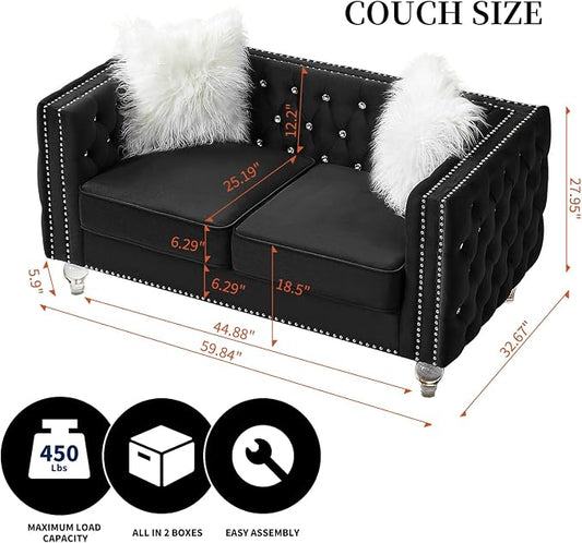 60" Chesterfield Sofa, Velvet Mid-Century Modern Upholstered Loveseat Sofa with 2 Throw Pillows and Acrylic Legs, Nailhead Button Tufted Vintage Couch for Living Room, Apartment, Black