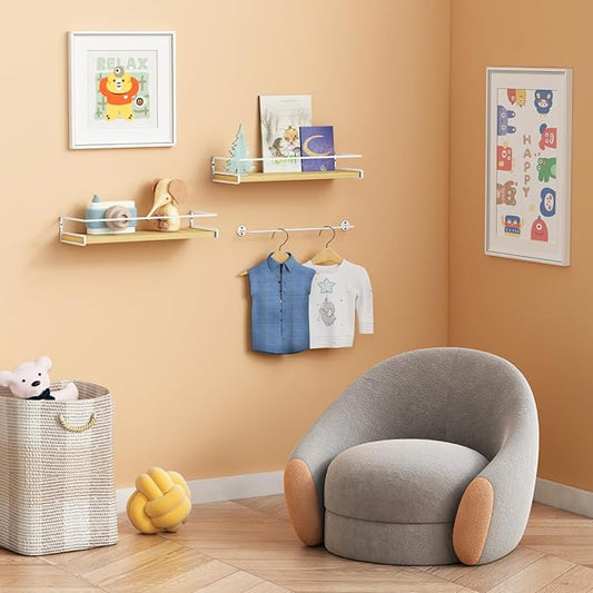 Forbena Floating Shelves for Wall with Rail, White and Natural Wood Nursery Book Shelves for Baby Girls Boys Kids Room Bedroom, Hanging Bookshelves Wall Mounted for Books, Toys, Bathroom (Set of 2)