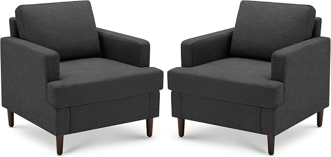 Weture Mid-Century Accent Chair,Modern Linen Fabric Armchair for Living Room,Comfy Upholstered Reading Accent Chairs for Bedroom,Single Sofa Chair with Wood Legs (Dark Grey, 2 Pack)