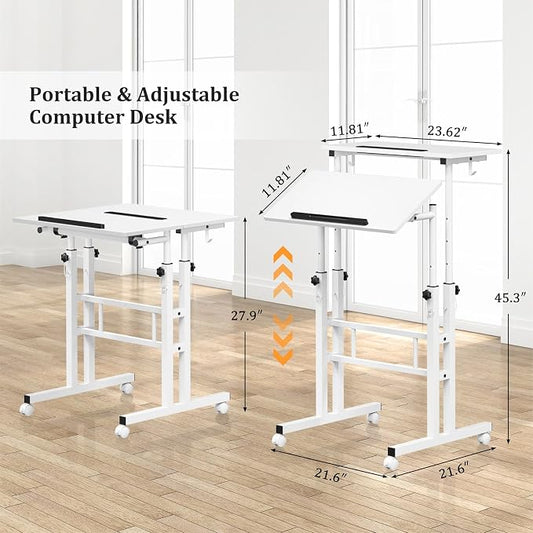 Enayplon Small Standing Desk with Wheels, Mobile Stand Up Desk, Portable Standing Table on Wheels for Walking Pad, Rolling Computer Desk Adjustable Height, Tall Table