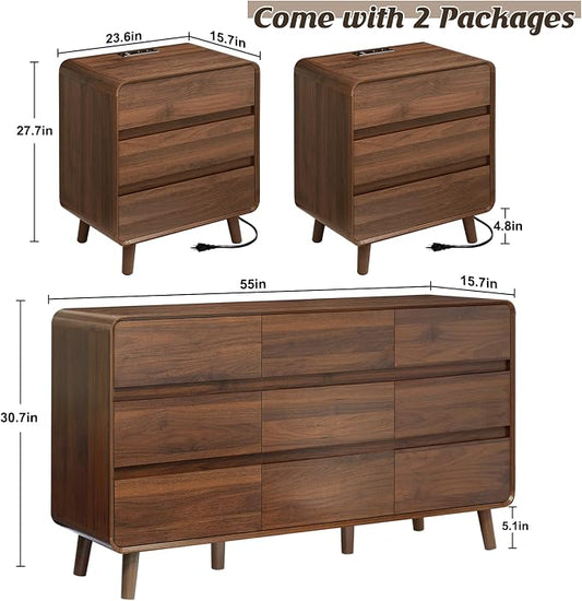 Nasonet Dresser and Nightstand Sets 3 Piece, Mid Century Modern 9 Drawer Dresser and 3 Drawer Night Stand Set 2, Wooden Chest of Drawers Bedroom Furniture Set, Walnut