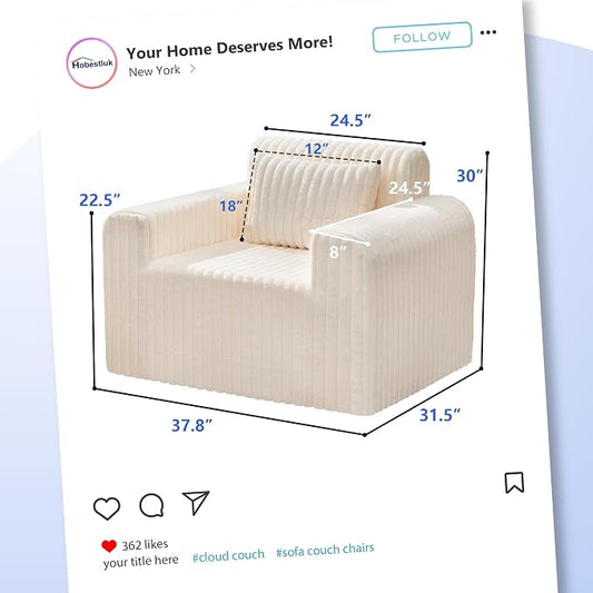 Hobestluk Single Sofa Foam Couch Sofa for Small Spaces Comfy Sofas with Removable Cover Furry Couch with Pillows for Living Room, Bedroom, Apartment, Office (White, Standard)