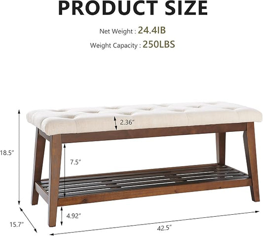 kinmars Upholstered Bench for Bedroom End of Bed,42.5-inch Entryway Bench for Living Room,Dining Bench with Padded Seat and Solid Wood Leg for Kitchen Bedroom,Indoor and Hallway (Shoe Bench, Beige)