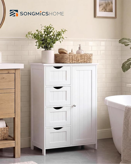 SONGMICS Home Floor Storage Cabinet, Freestanding Storage Cabinet for Bathroom, Kitchen, Living Room, 4 Drawers and Adjustable Shelf, White
