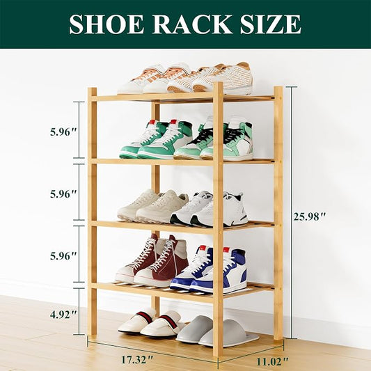 Smiry Small Bamboo Shoe Rack, 4 Tier Free Standing Wooden Shoe Organizer, Stackable Wood Shoe Storage Shelf for Closet, Entryway, 12 Vertical Slats, 2+2 Stack Standard Legs, 17.3"x11"x26", Natural