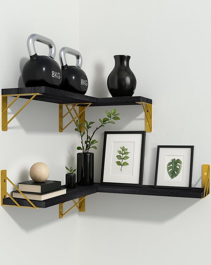 BAYKA Floating Shelves for Bedroom Decor, Wall Shelves for Storage, Wall Mounted Rustic Wood Floating Shelf for Books,Corner Shelf for Bathroom,Kitchen,Living Room(Black and Gold,Set of 4)