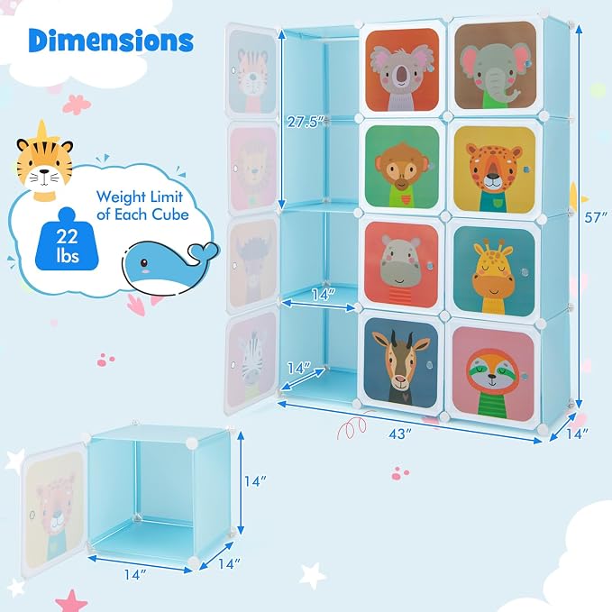 HONEY JOY Kids Wardrobe Closet, Baby Cartoon Clothes Storage Organizer, 12 Cubes & 2 Hanging Sections, Portable Children DIY Modular Bedroom Armoire Dresser Cabinet for Boys Girls (Blue)