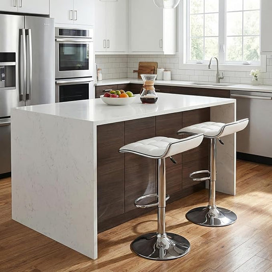 Set of 2 Barstool, Adjustable Swivel Gas Lift Bar Stools, PU Leather with Chrome Base, White