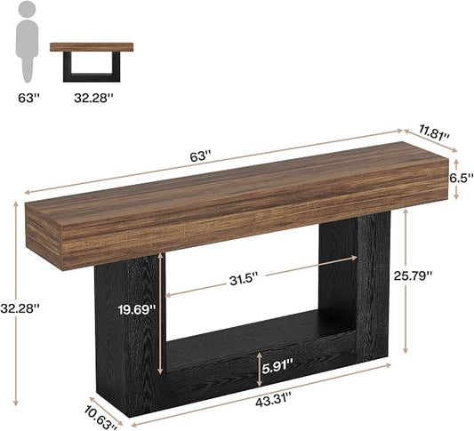 Tribesigns 63" Console Table, Farmhouse 2-Tier Entryway Table with U-Shaped Base, Narrow Long Wood Behind Couch Table for Living Room, Hallway, Foyer, Dark Brown & Black