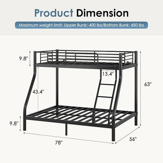 SogeSleep Bunk Beds Twin Over Full Size, More Sturdy Heavy Duty Metal Bunk Bed with Angled Ladder for Teens and Adults, Used for Spaces-Saving, Apartment or Dorm, Noise Free & Easy Assembly, Black