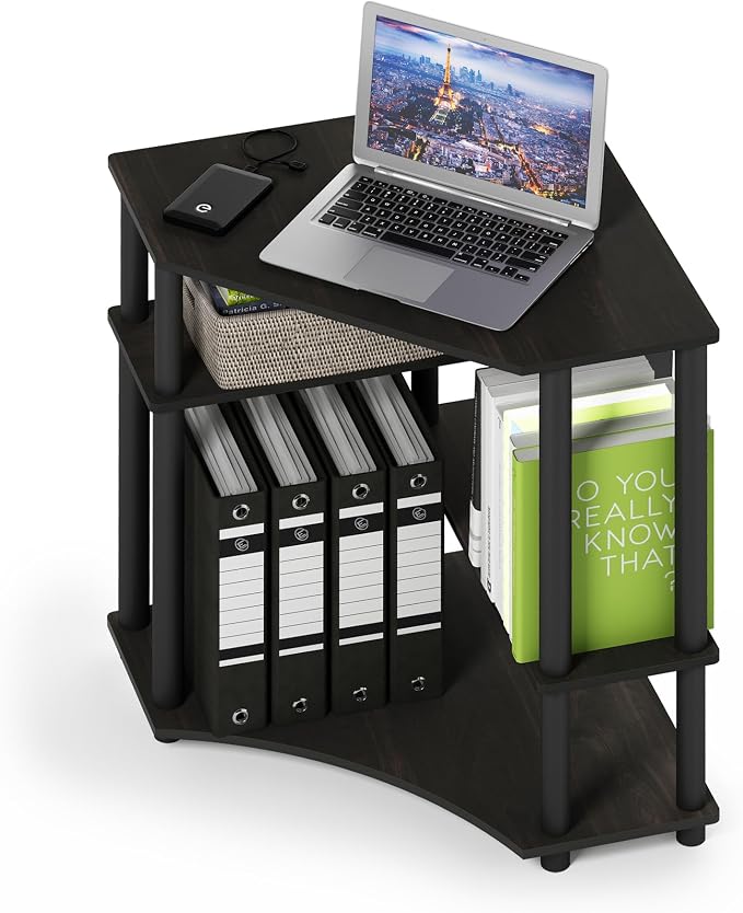 Furinno TURN-N-TUBE Desk, Gaming Desk with Shelves, Corner Computer Desk with Shelves, Office Desk, Space Saving, For Home Office, Bedroom, Espresso