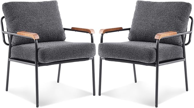 VINGLI Mid-Century Modern Accent Armchiars Set of 2 for Small Space, Small Comfy Upholstered Leisure Reading Chairs with Wood Armrests for Bedroom, Living Room, Waiting Room, Linen Grey