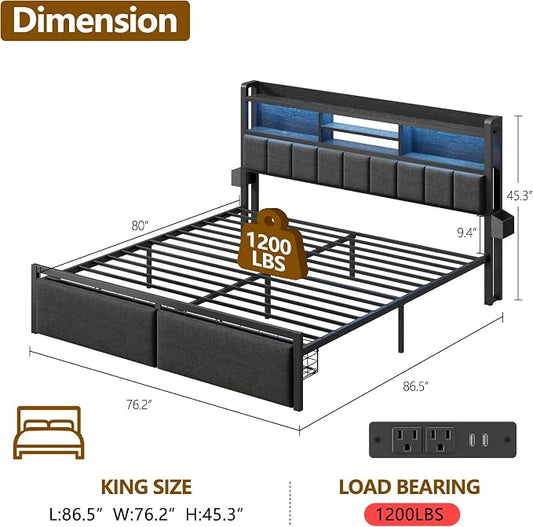 Furnulem King Bed Frame with Wood Headboard & Storage Drawers, Metal Platform Bed Frames King Size with LED Lights, Built in Charging Station, No Box Spring Needed, No Noise, Easy Assembly, Black