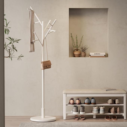 Muwuele Coat Rack, Solid Wood Coat Rack Freestanding with 12 Hooks, Coat tree freestanding 3 Adjustable Heights for coat, Hats, Handbags,Coat Stand for Entryway,Bedroom (White)
