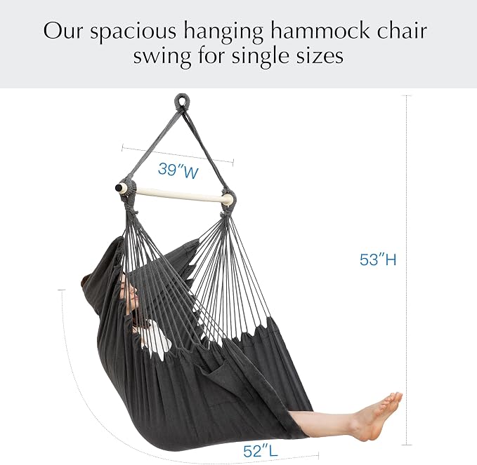 PNAEUT Hammock Chair Hanging Rope Swing for Outside Indoor for Bedroom, Outdoor, Patio (Night Gray)