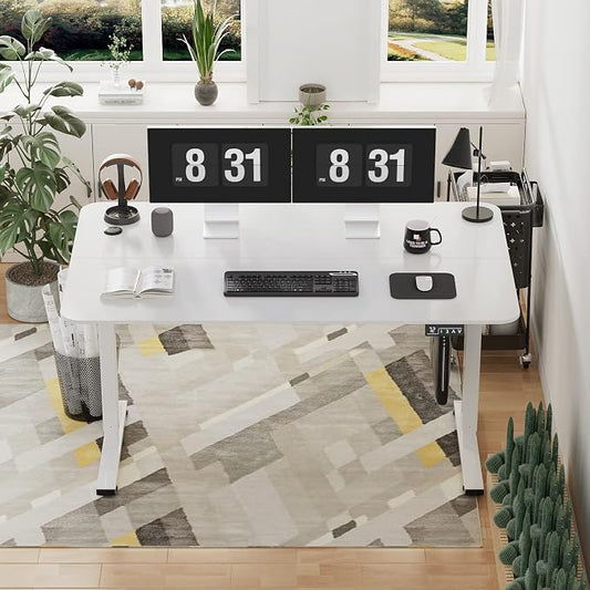 YESHOMY Height Adjustable Electric Standing Desk, 55 inch Computer Table, Home Office Workstation, White Leg/White Top