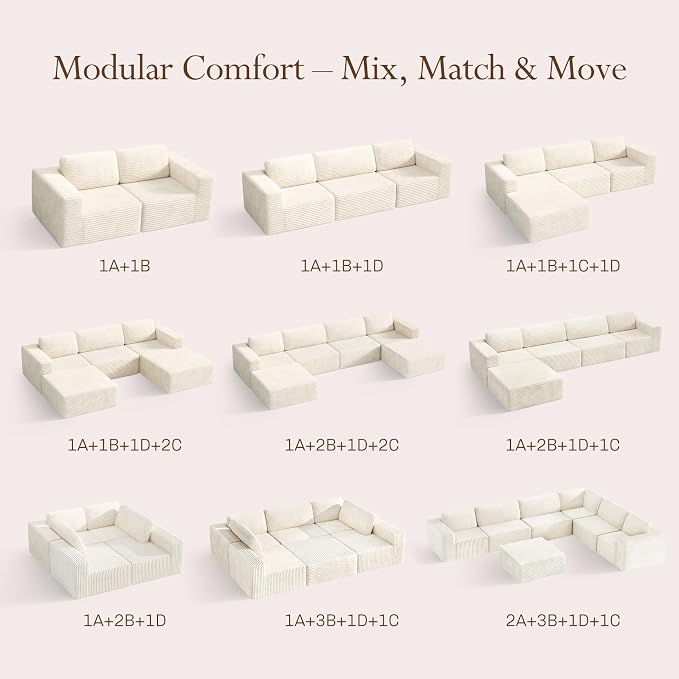 Vesgantti 119" L-Shaped Modular Sectional Sofa, Corduroy Cloud Couch with Deep Seating & Spring Support, Flexible Layout Sofa with Ottoman, Boneless Style, No Assembly Required, Beige