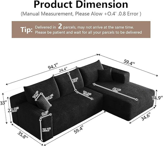 95" Cloud Sectional Couch with L-Shape Chaise, Modern Cloud Couch with Deep Seat, Modular Sectional Couches for Living Room, Apartment, Office, No Assembly Required