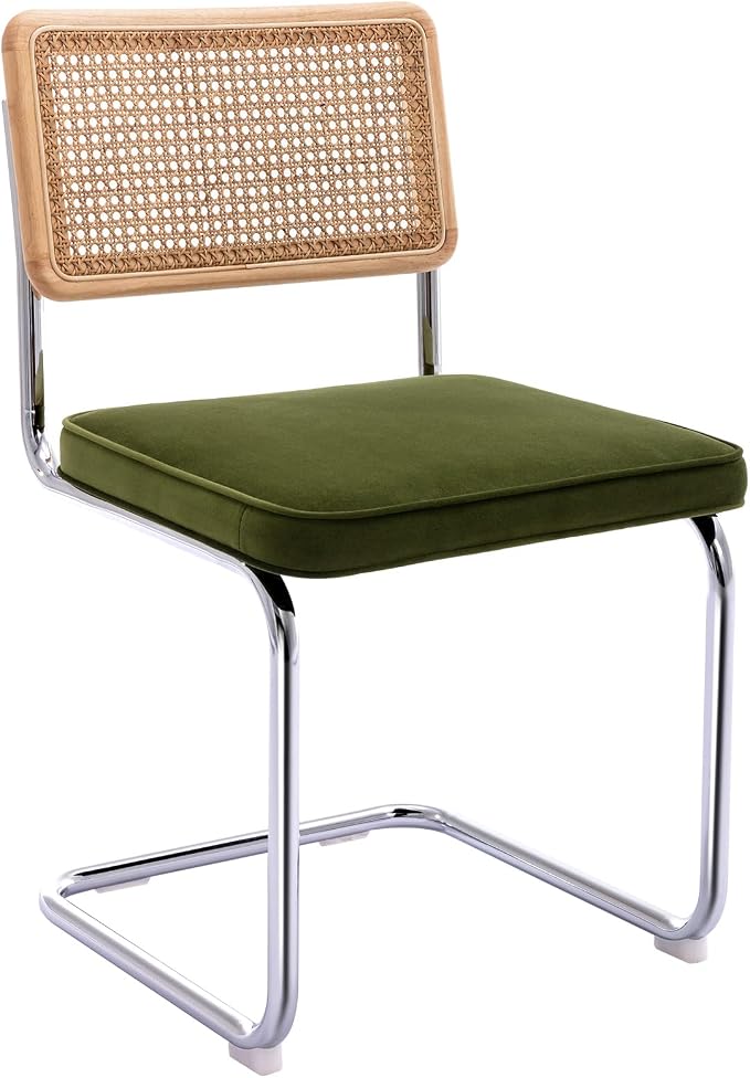 Zesthouse Mid Century Modern Dining Chairs Set of 4, Natural Rattan Dining Chairs with Solid Wood Back & Chrome Base, Upholstered Velvet Fabric, Green