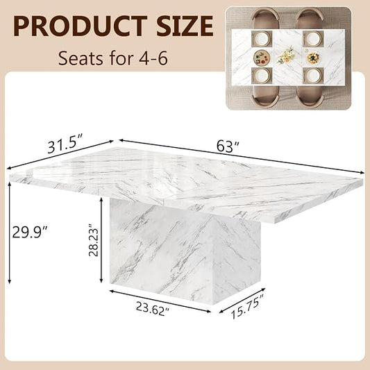 HSH White Faux Marble Dining Table, 63 inch Modern Dinner Table for 6 people, Farmhouse Rectangle Kitchen Table for Living Room, Large Wood Dining Room Tables with strong Pedestal, White Marble, 63 In
