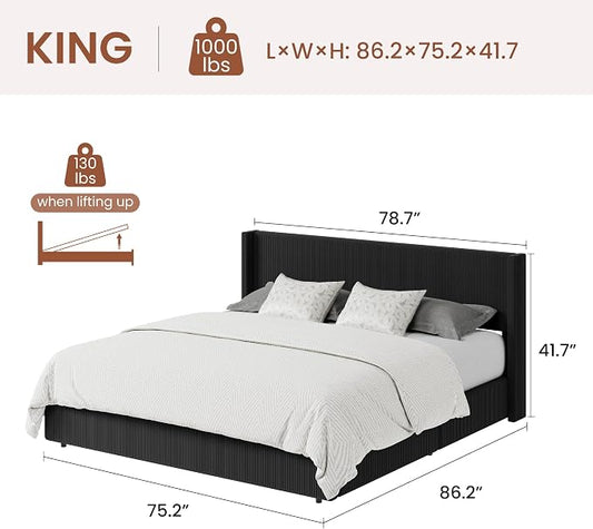 Garvee King Lift Up Storage Bed Frame, Corduroy Upholstered Platform Bed with Gas Lift, Padded Headboard, Wooden Slat Support, No Box Spring Needed, Easy Assembly, Black