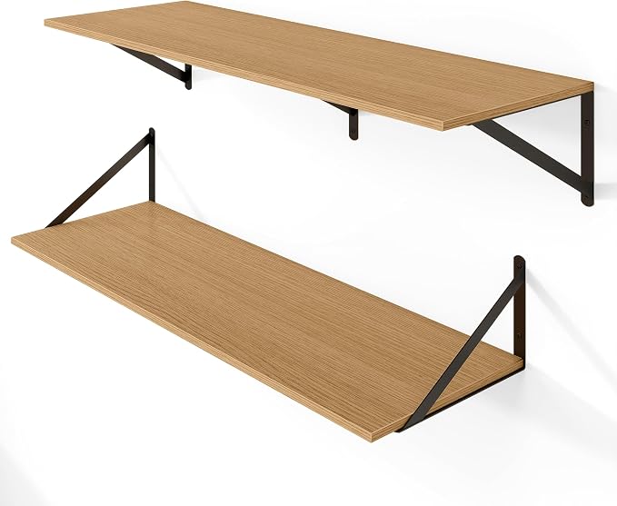 Heimlove 12 Inch Deep Floating Shelves for Wall, 36W x 12D Wood Wall Shelves Set of 2, Rustic Oak Wide Floating Bookshelf for Living Room, Kitchen, Office, Bedroom, with Black Metal Bracke - Oak