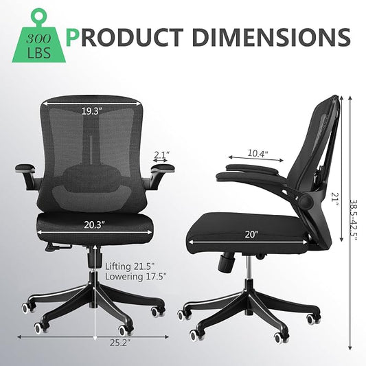 300 LBS Ergonomic Office Computer Mesh Chair - Adjustable Height Rolling Desk Chair with Flip-Up Armrests & High Back Support - Comfortable Swivel Task Chair for Home Office