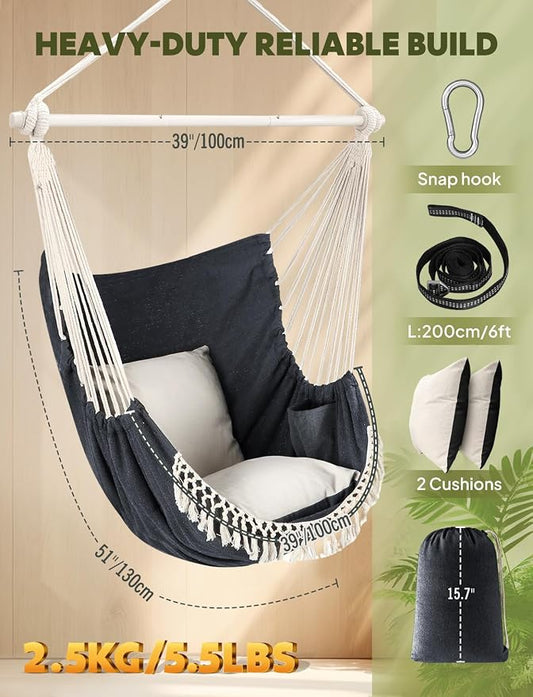 Chihee Hammock Chair Hanging Swing Max 500 Lbs 2 Cushions Included Steel Spreader Bar with Anti-Slip Grooves Portable Hanging Chair Side Pocket Large Macrame Bohemian Chair Indoor Outdoor