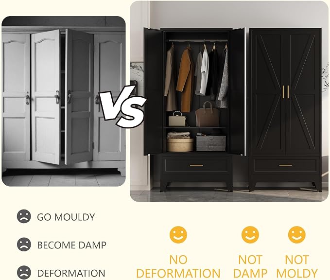 Metal Wardrobe Closet Cabinet with Drawers,71" H Large Bedroom Armoires with Shelves and Hanging Rod,Wardrobe Storage Cabinet with 2 Doors, 1 Adjustable Shelf and Drawers (1Drawer, Black)