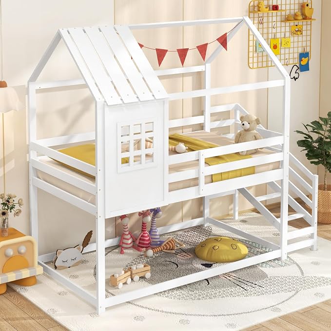 Giantex Twin Bunk Beds with Stairs, Floor House Bed with Roof & Window, Solid Wood Twin Over Twin Bunk Bed with Full-Length Guardrails and Steps, Space-Saving House Bed for Kids, Girls, Boys, White