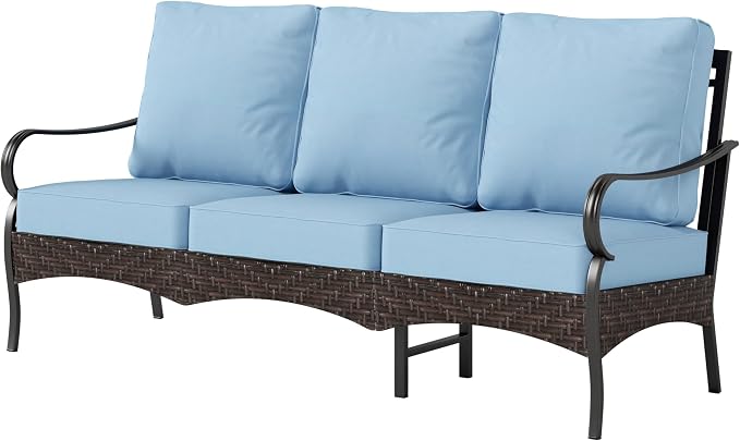 PHI VILLA Wicker & Metal Outdoor Patio Couch,3-Seat Patio Sofa with Deep Seating for Front Porch, Deck, Balcony, Backyard, Sunroom,Blue
