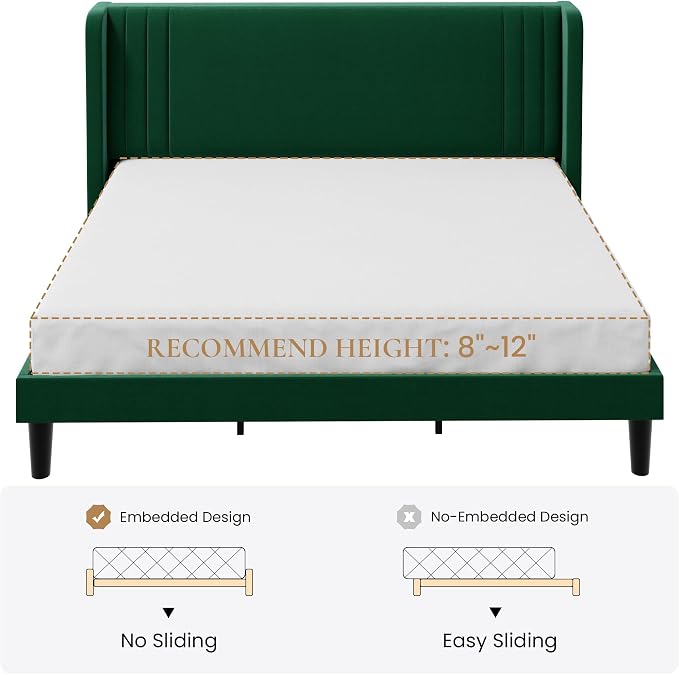 SHA CERLIN King Size Velvet Upholstered Platform Bed Frame with Vertical Channel Tufted Wingback Headboard, Wooden Slats Support, Easy Assembly, Under Bed Storage, No Box Spring Required, Green