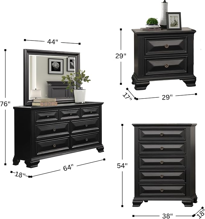 Roundhill Furniture Renova Vintage Black Wood Bedroom Set, Queen Panel Bed, Dresser, Mirror, Two Nightstands, Chest