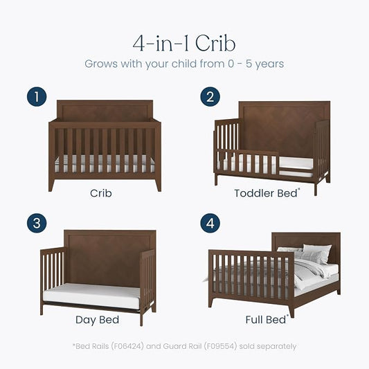 Child Craft Kieran 4-in-1 Convertible Baby Crib, Wooden Nursery Furniture Converts to Toddler Bed Daybed & Full-Size Bed, Adjustable Mattress Heights, Non-Toxic Baby Safe Finish, Toasted Chestnut