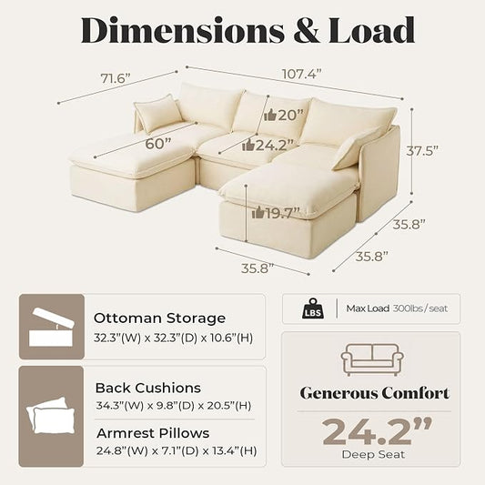 Cloud Modular Sectional Sofa, Oversized Deep Seat Comfort, Luxe Chenille | Fully Removable Washable Covers, Memory Foam Seat Cushions, Storage Ottoman, Premium Fabric