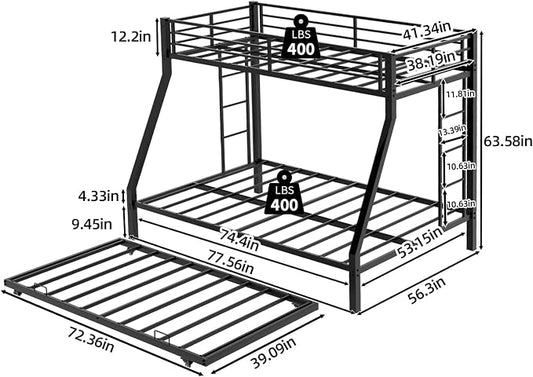 Metal Bunk Bed with Trundle, Space-Saving Bunk Bed Twin Over Full with Ladders and Safety Guardrail, Heavy Duty Twin Bed Frames, No Box Spring Needed and Noise Free(Black)