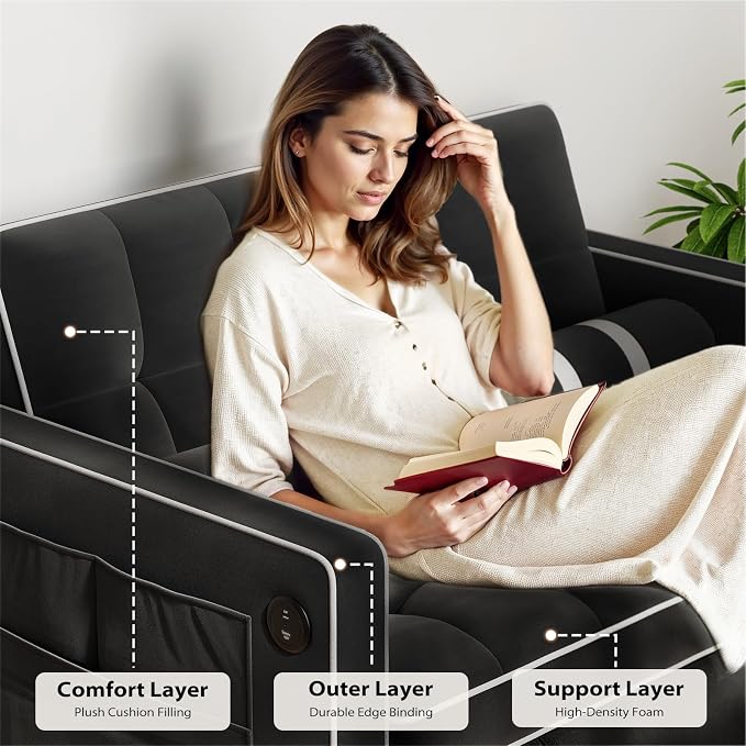 Pipishell 3 in 1 Sleeper Sofa Bed, Pull Out Couch with USB Ports & Side Pockets, Adjustable Backrest, Convertible Loveseat Sofa Bed, Futon Couches, Charcoal Black Velvet, Living Room