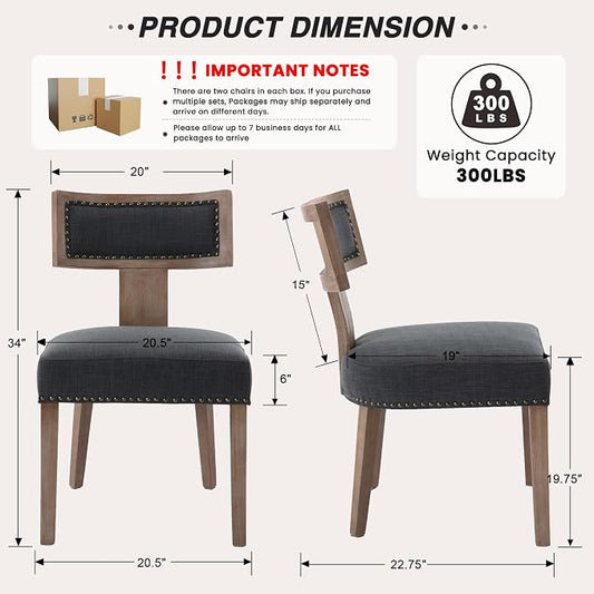 HNY Mid Century Modern Dining Chairs Set of 4, Farmhouse Linen Fabric Upholstered Accent Chairs Curved Nailhead Trim Backrest Kitchen Chairs, with Hardwood Frame, Charcoal