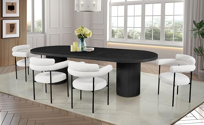 Dobby 90"-123" Extendable Oval Wooden Dining Table, Black | Mid Century Modern, Double Pedestal Base, For 6 People, Large