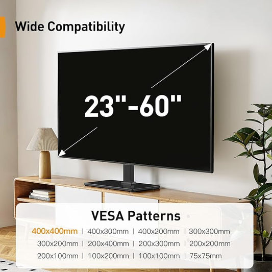 Perlegear Tabletop TV Stand, Universal TV Stand for 23–60 Inch LCD/LED/OLED TVs, Height-Adjustable TV Mount Stand with Tempered Glass Base & Cable Management, VESA 400x400mm, PGTVS02 
