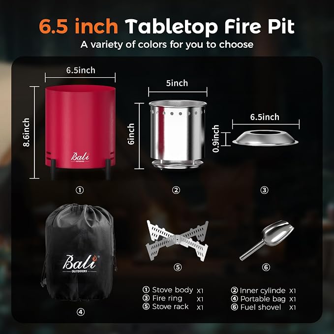 BALI OUTDOORS 6.5 inch Tabletop Fire Pit Round, Stainless Steel Table Top Firepit Small, Outdoor Smokeless Firepit Portable, Red