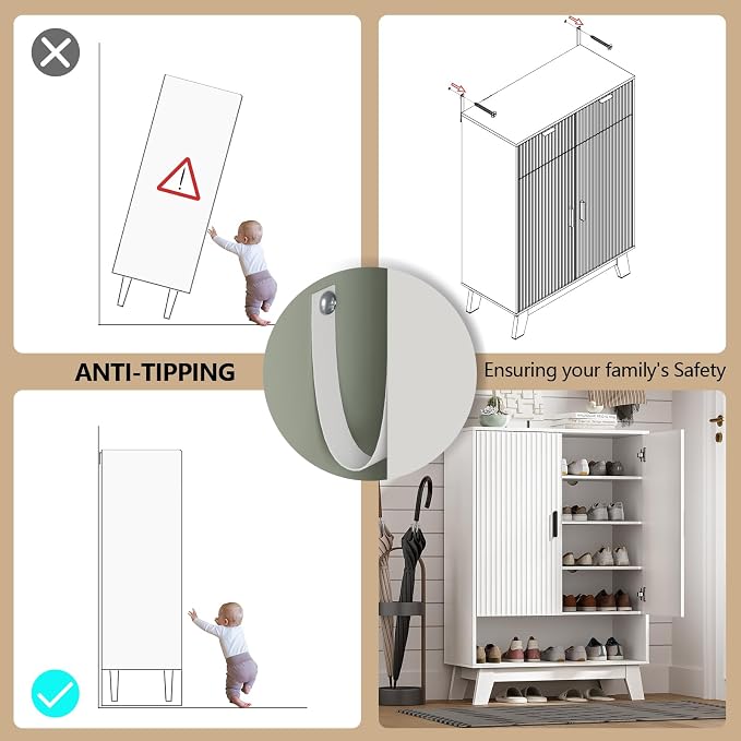 Shoe Cabinet Storage for Entryway with Doors, 5 Tier Fluted Shoe Organizer with Adjustable Shelves, Entryway Shoe Storage with Wooden Legs, Freestanding Hidden Shoe Rack for Front Door Entrance, White