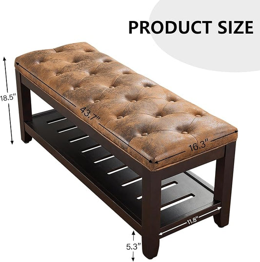 adochr PU Leather Large Rectangular Ottoman with Storage, Upholstered Entryway Bench for Living Room, Oversized Button Tufted Ottoman with Wood Shelf Storage, Brown