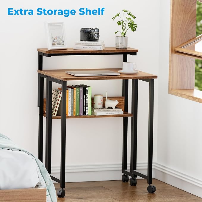 GreenForest Folding Desk with Adjustable Monitor Stand, 24.8 in Small Desk | Storage Shelf, Lockable Wheels, Portable, Space Saving, Mobile Rolling Table for Small Spaces, Home Office, Writing, Walnut