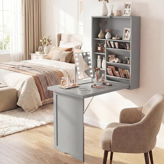 Tangkula Folding Wall Mounted Desk, Convertible Fold Out Floating Table with Storage Shelves, Space-Saving Drop Leaf Table, Murphy Desk for Craft, Study, Small Spaces, Home Office, Dorm, Grey
