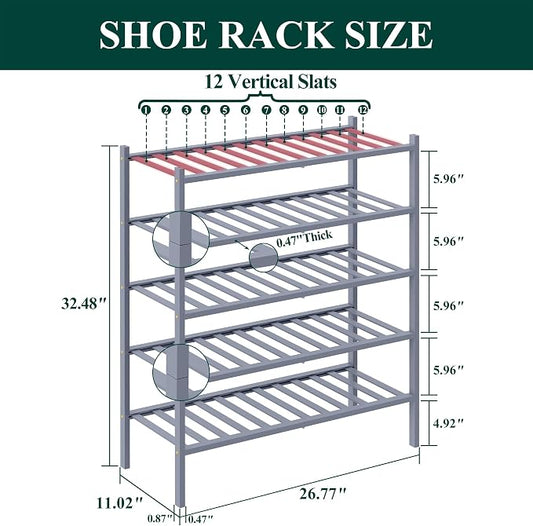 Smiry Bamboo Shoe Rack, 5 Tier Free Standing Wooden Shoe Organizer, Stackable Wood Shoe Storage Shelf for Closet, Entryway, 12 Vertical Slats, 2+2+1 Stack Standard Legs, 26.8"x11"x32.5", Grey