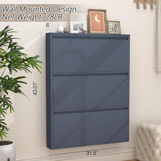 GREATMEET Shoe Cabinet with 3 Flip Drawers, Slim Metal Shoe Cabinet Storage for Entryway, Hidden Narrow Shoe Rack Organizer Cabinets Wall Mount for Living Room, Bedroom, Hallway, Blue